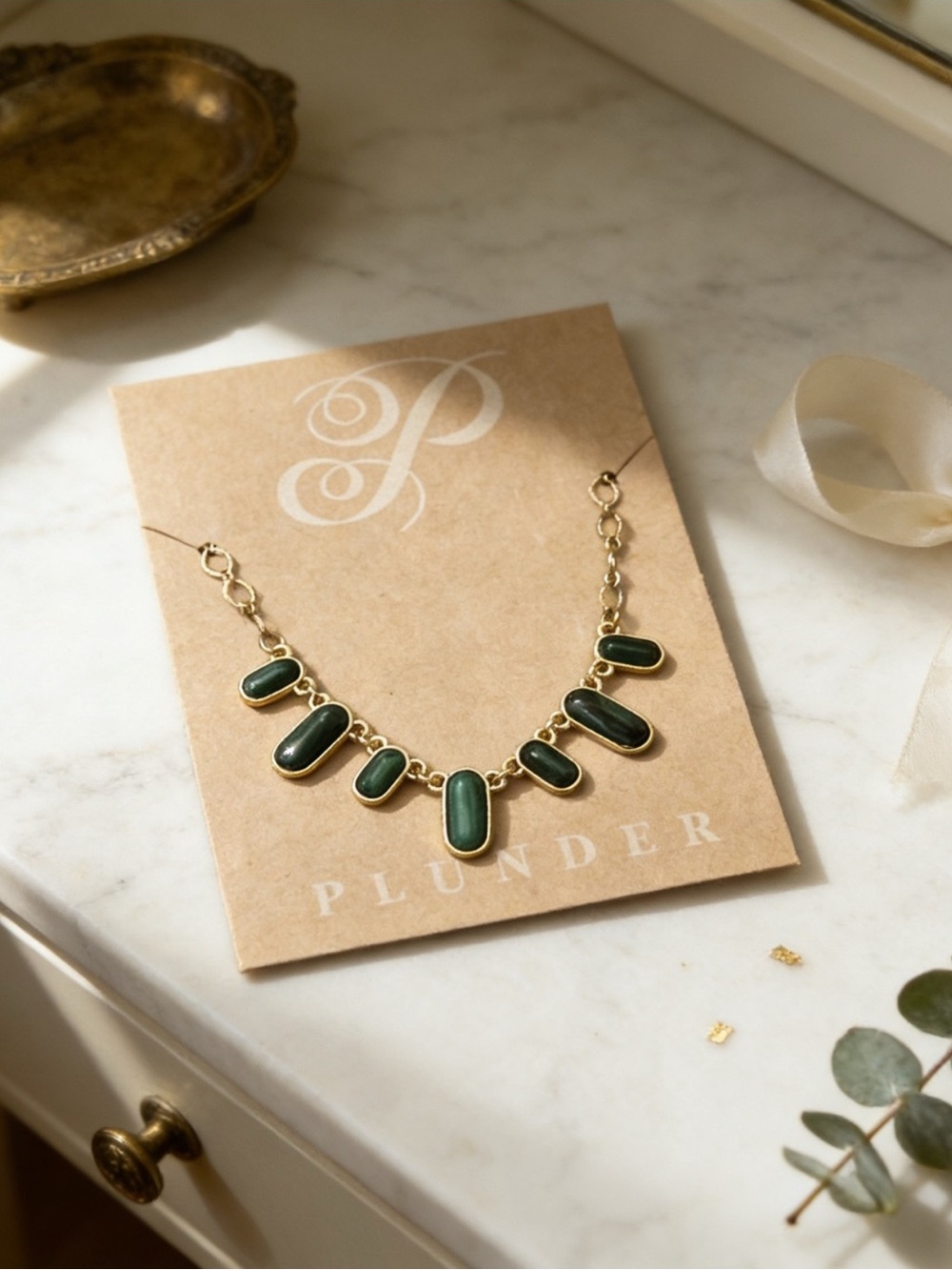 Plunder Design Gold-Tone Necklace with Emerald Green Cabochons